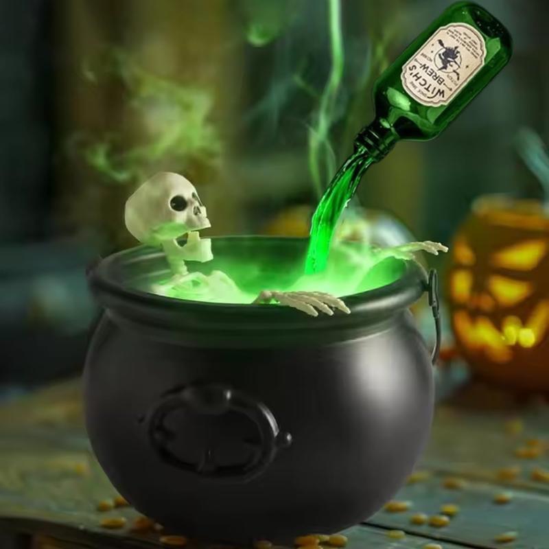 Halloween-themed scene with a skeleton in a cauldron, green liquid, and a bottle labeled 'Potion'.