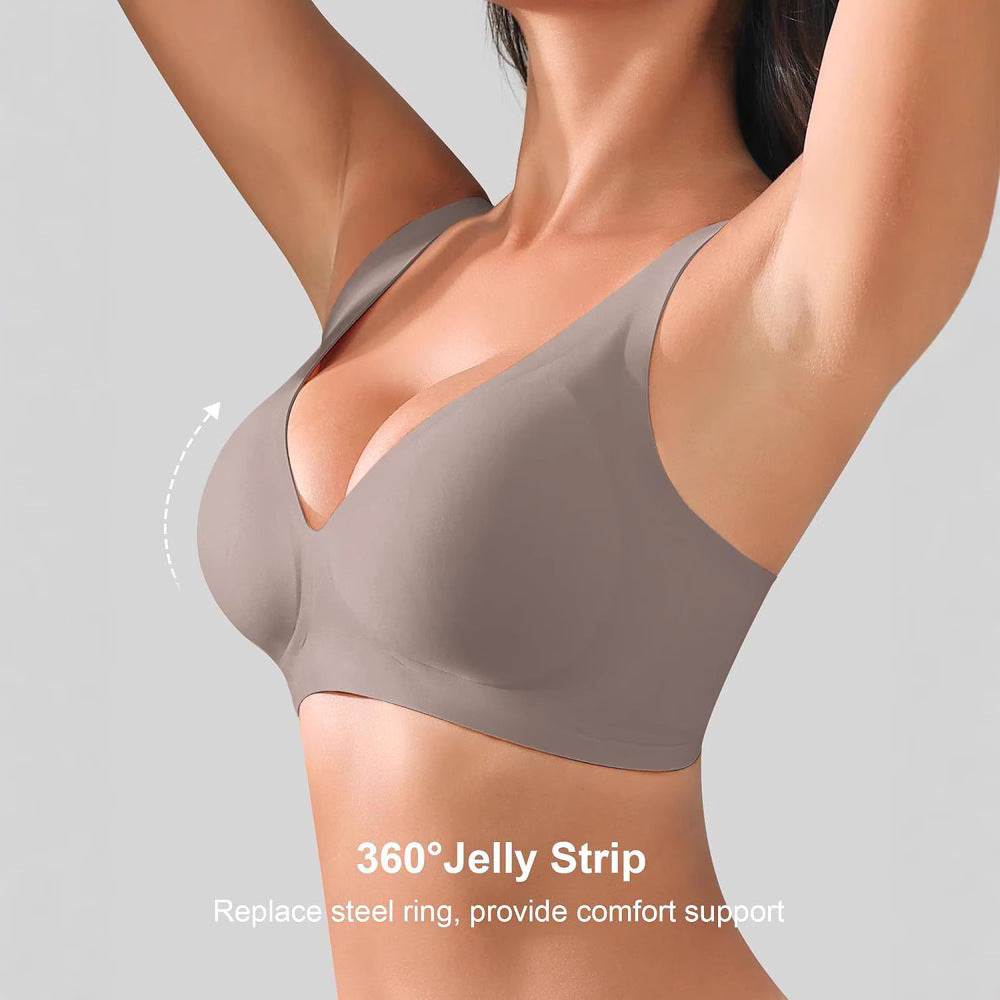 Gray bra worn by a model on a light gray background with text '360° Jelly Strip'.