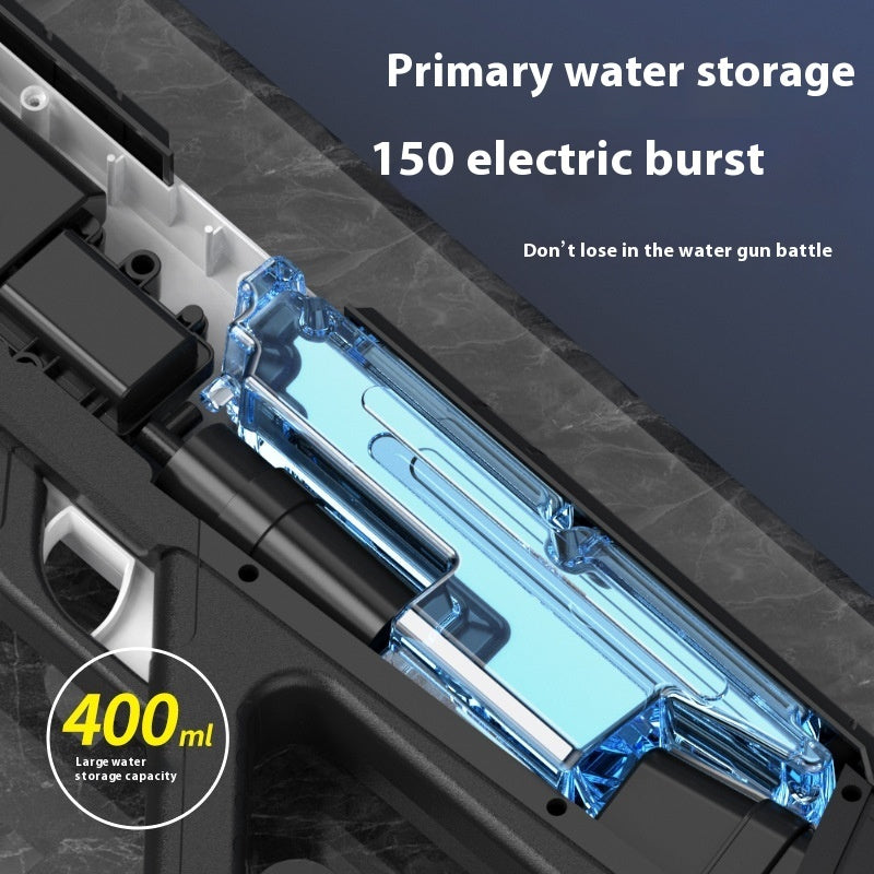 Close-up of a water gun with water storage capacity and electric burst feature on a dark background.