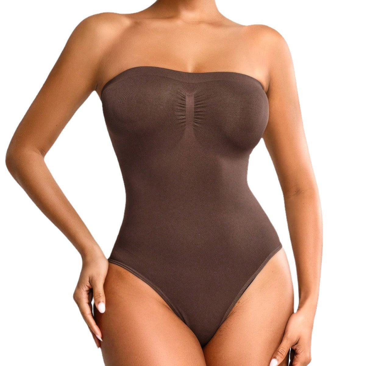 Brown strapless bodysuit worn by a model on a white background