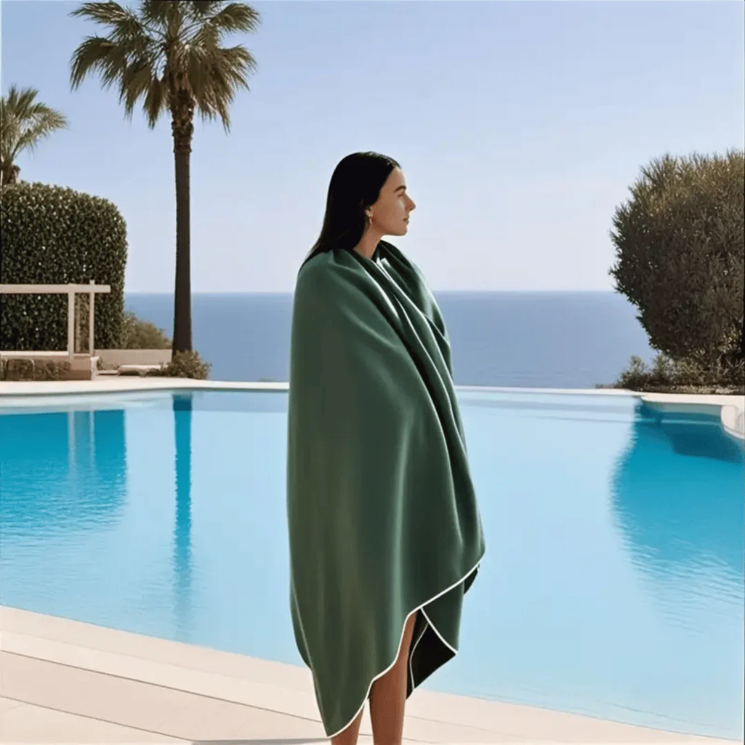 Woman wrapped in a green towel by a pool with palm trees and ocean view