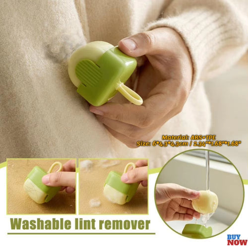 A person's hand holding a green portable lint remover, with additional images showing the device being used on fabric and its washable feature.
