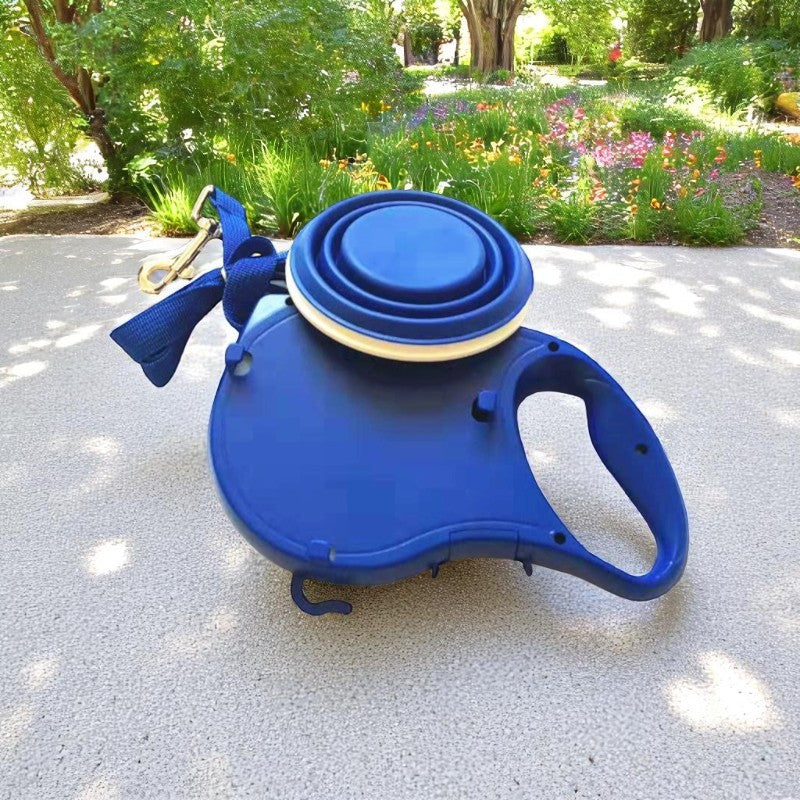 Blue pet leash and collar set on a concrete surface with a garden background