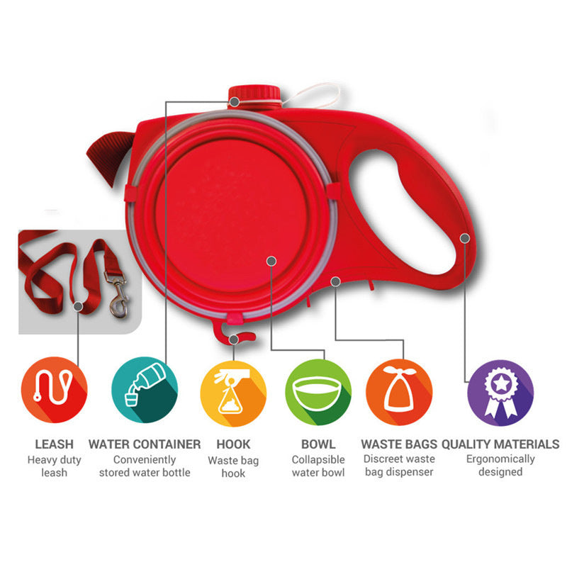 Red pet accessory set with components labeled on a white background.