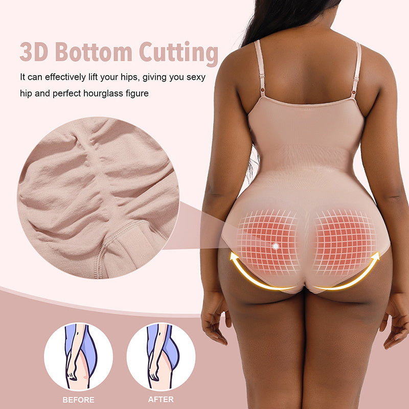 Woman wearing a beige body shaper with text and before/after illustrations on a pink background.