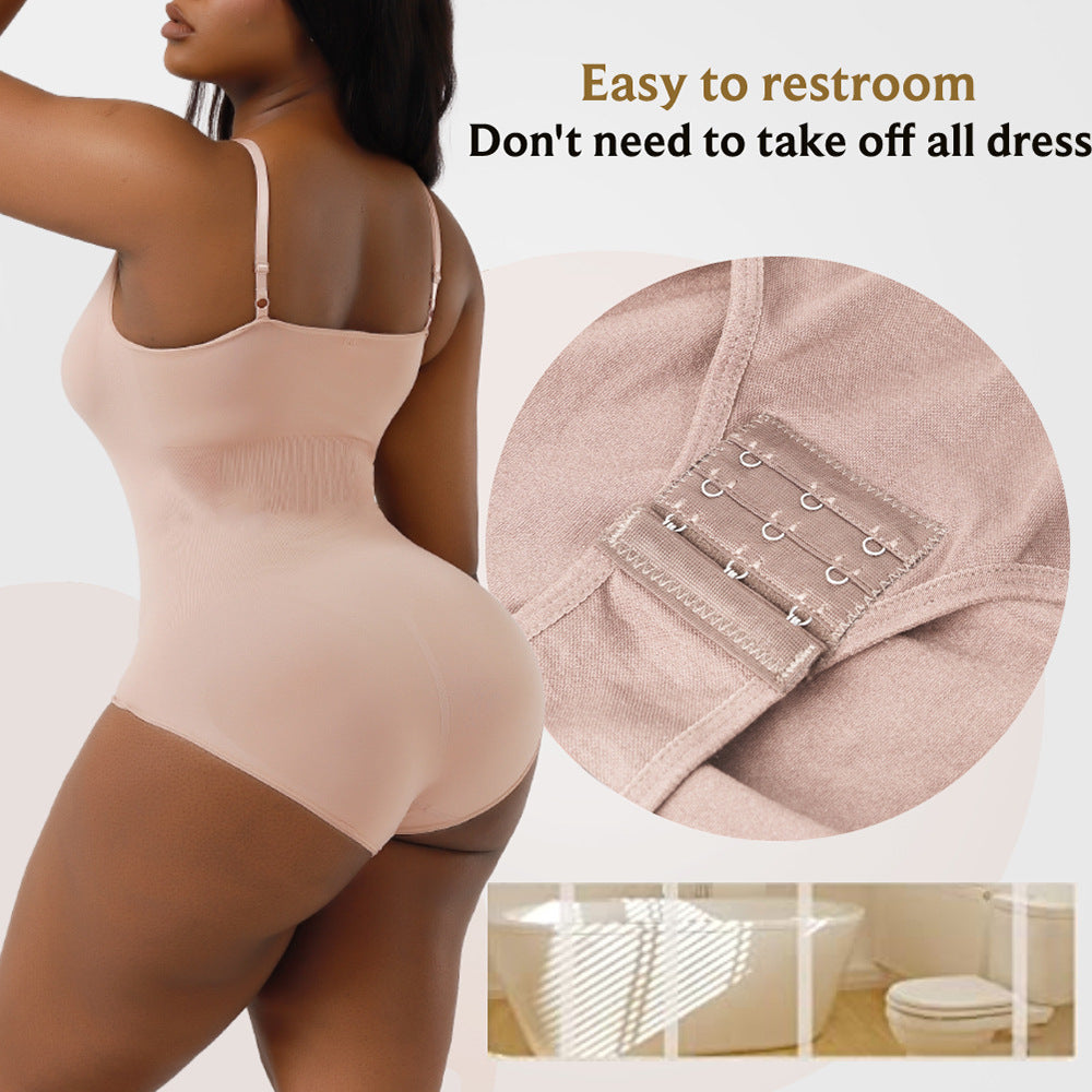 Beige bodysuit with close-up of design and bathroom setting