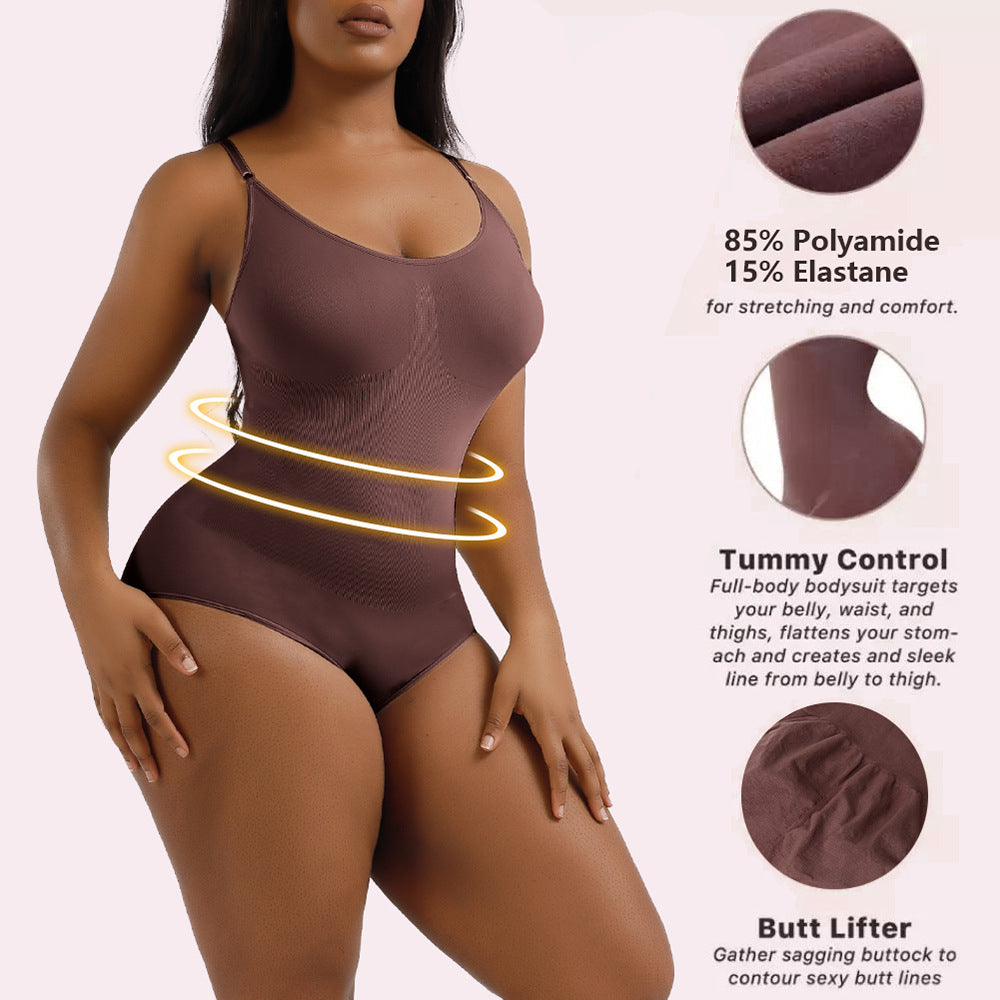 Brown bodysuit with tummy control and butt lifter features on a white background