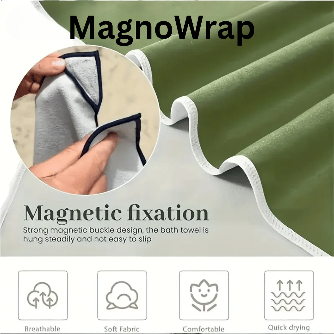 Green bath towel with magnetic fixation feature and hand holding a towel.