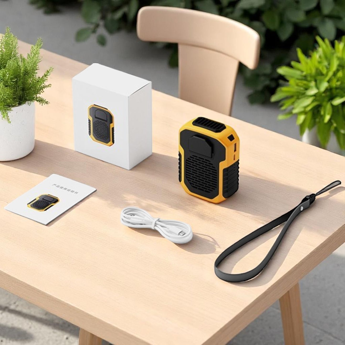 Yellow and black portable device on a wooden table with packaging and cable.