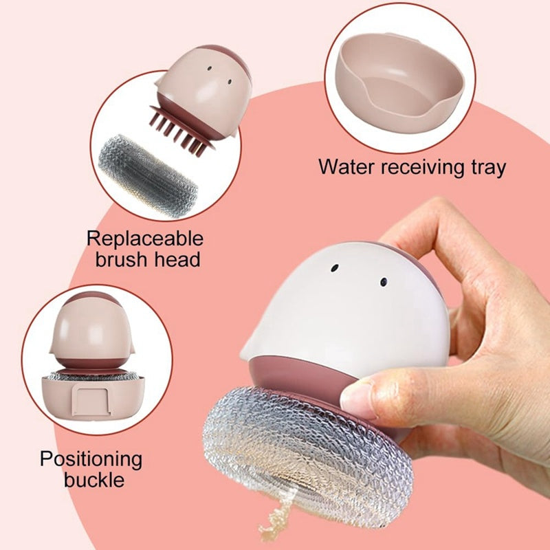 Cleaning brush with replaceable brush head, water receiving tray, and positioning buckle on a pink background.