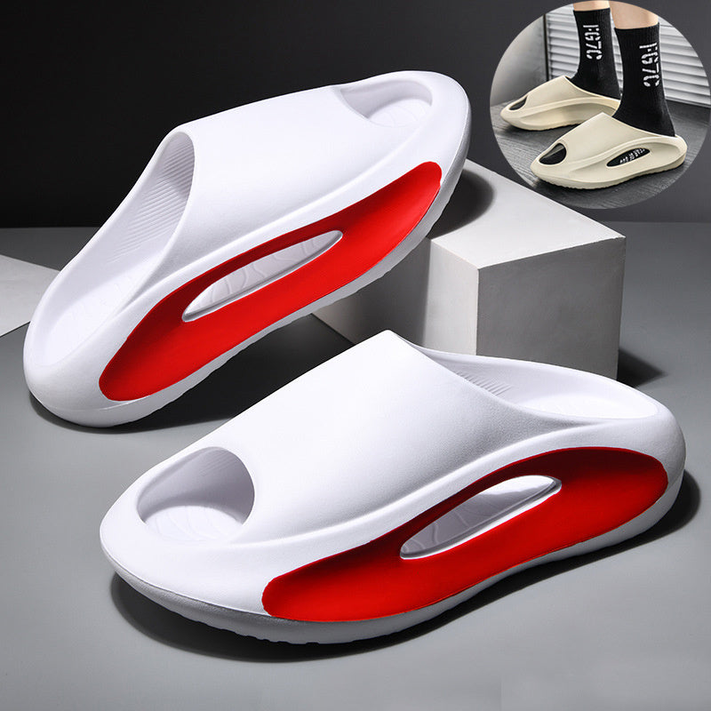 A pair of white and red peep toe slippers displayed on a grey surface, with a close-up inset showing the slippers' soles.