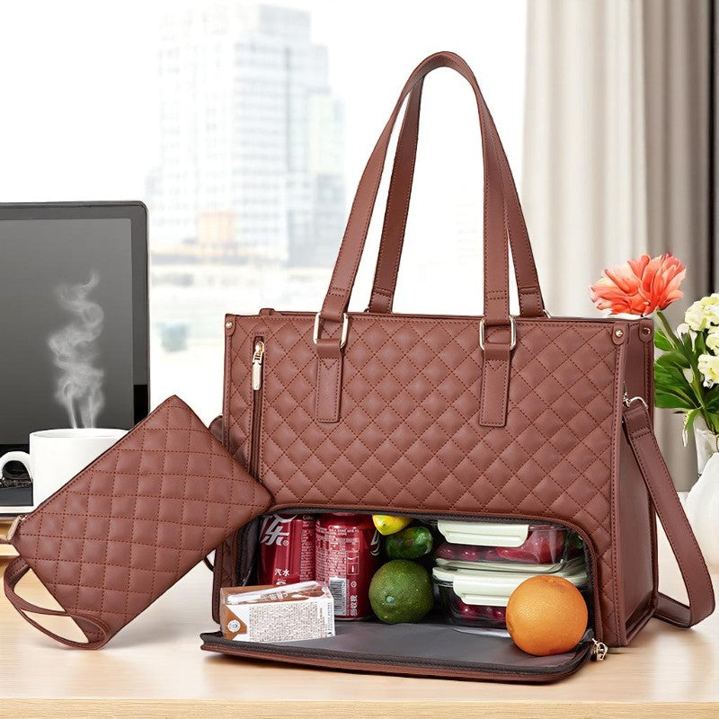 Brown quilted handbag with a pouch on a desk with office items and food.
