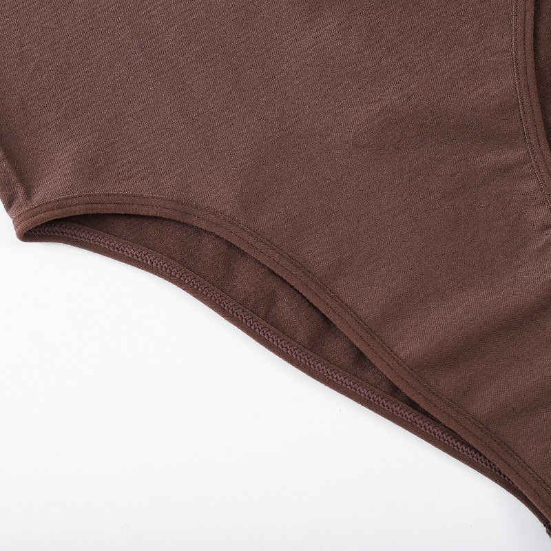 Brown swimsuit top on a white background