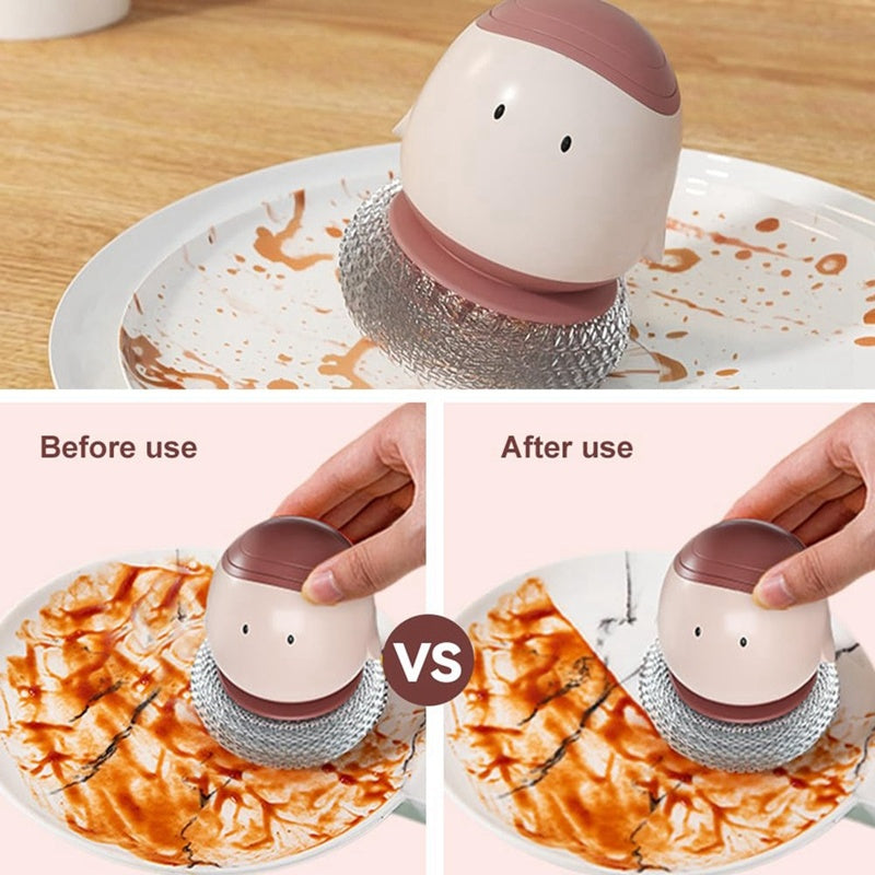 Before and after use comparison of a kitchen scrubber on a plate with food residue.
