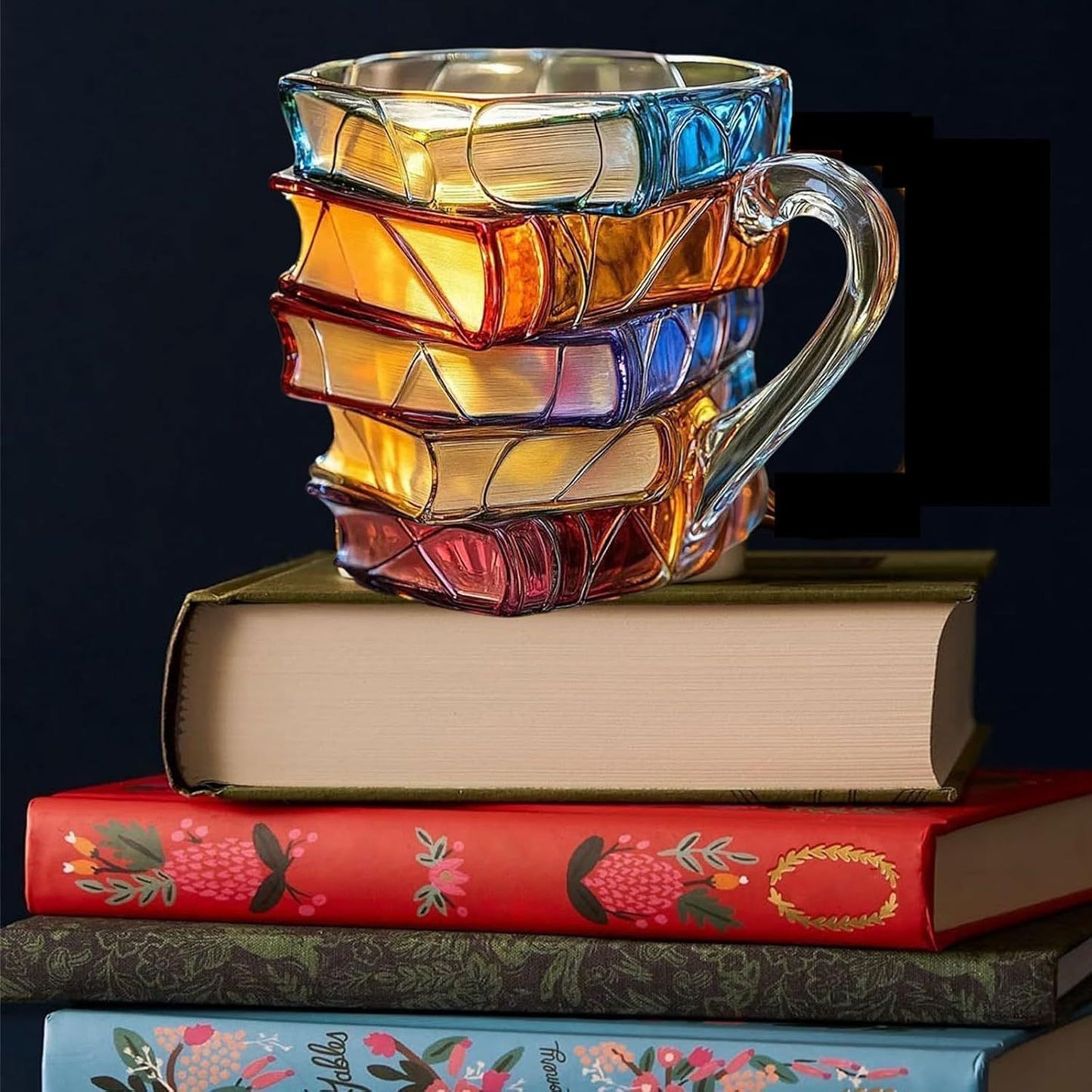 Colorful glass mug stacked on books with a dark background