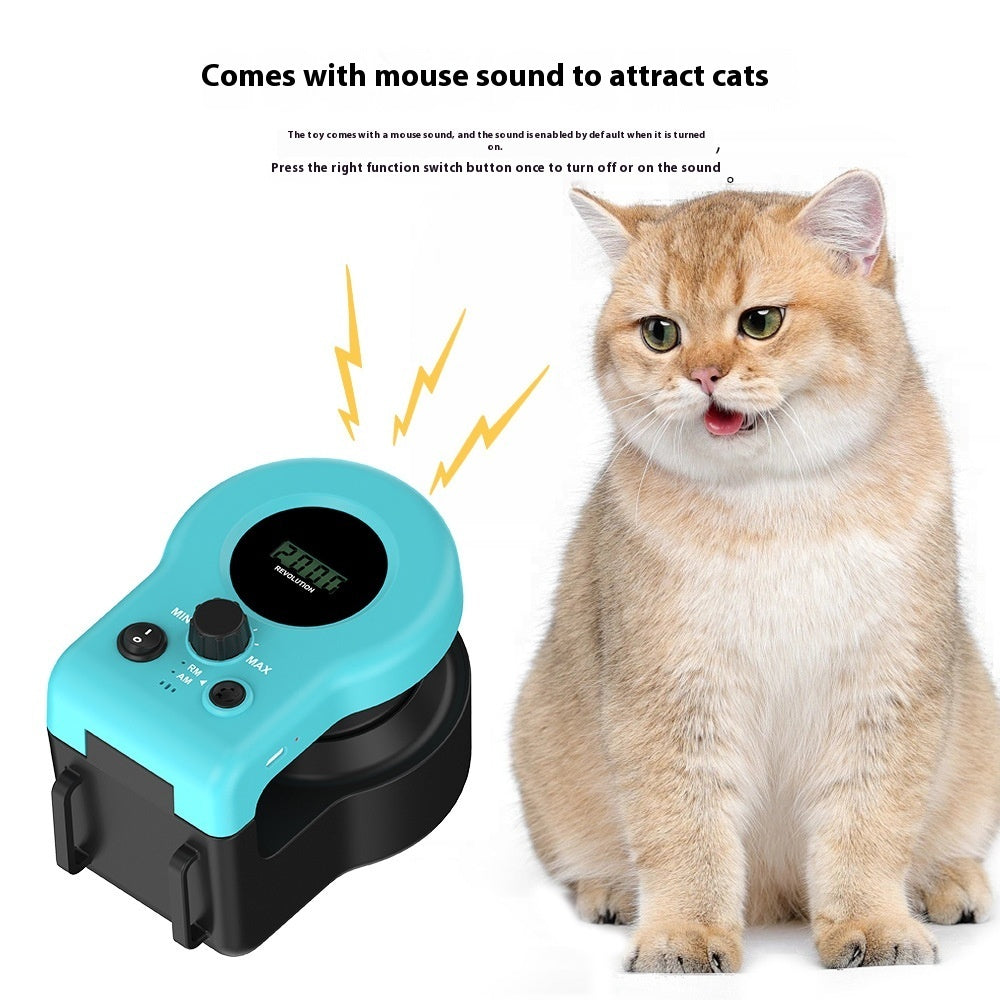 Pet toy with mouse sound feature next to a cat on a white background