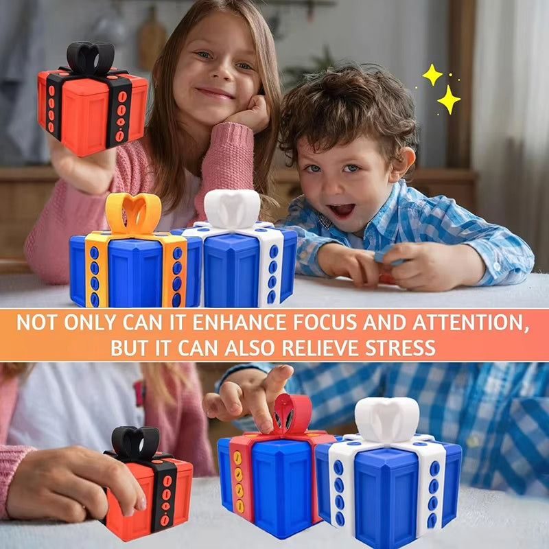 Children playing with colorful fidget toys on a table, with text about their benefits.
