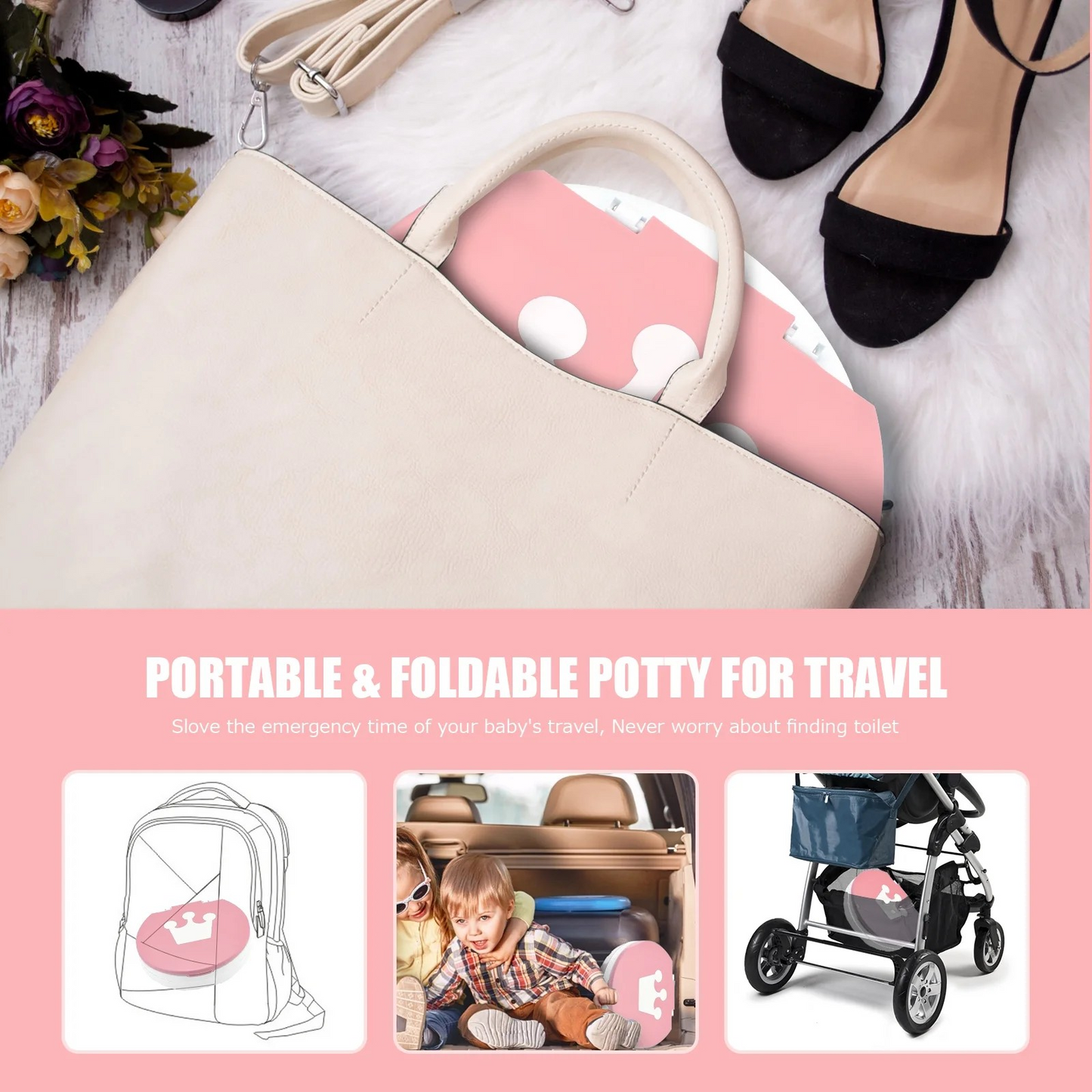 Portable and foldable potty for travel with a bag, car seat, and stroller illustrations.
