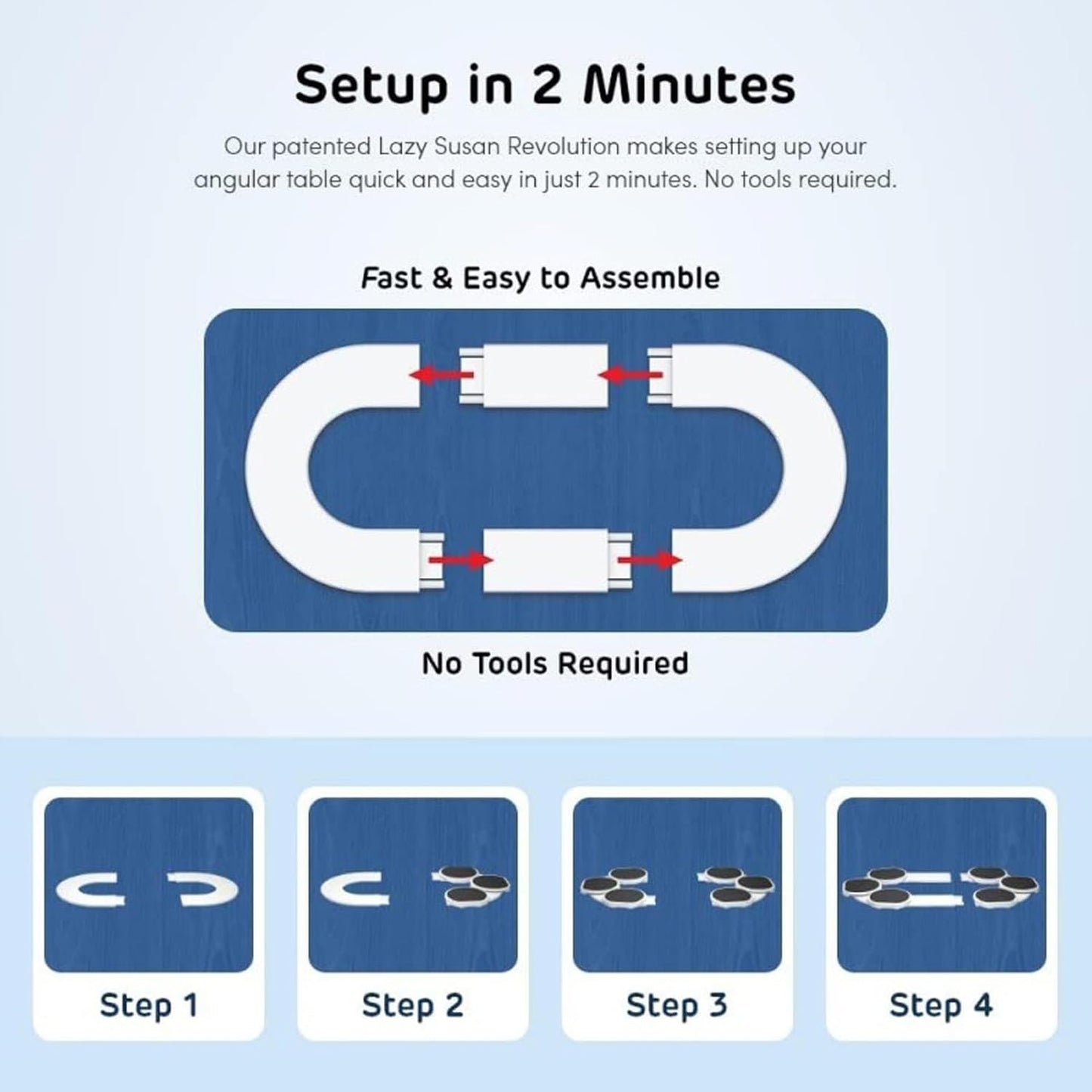 Diagram showing how to assemble a lazy susan with text about setup time and toollessness.