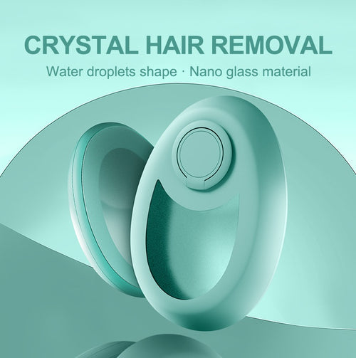 A promotional image featuring a compact crystal hair removal device with a nano glass material, presented in a water droplets shape design.