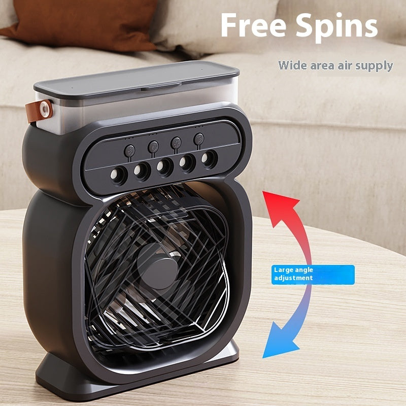 Portable fan with features highlighted on a neutral background