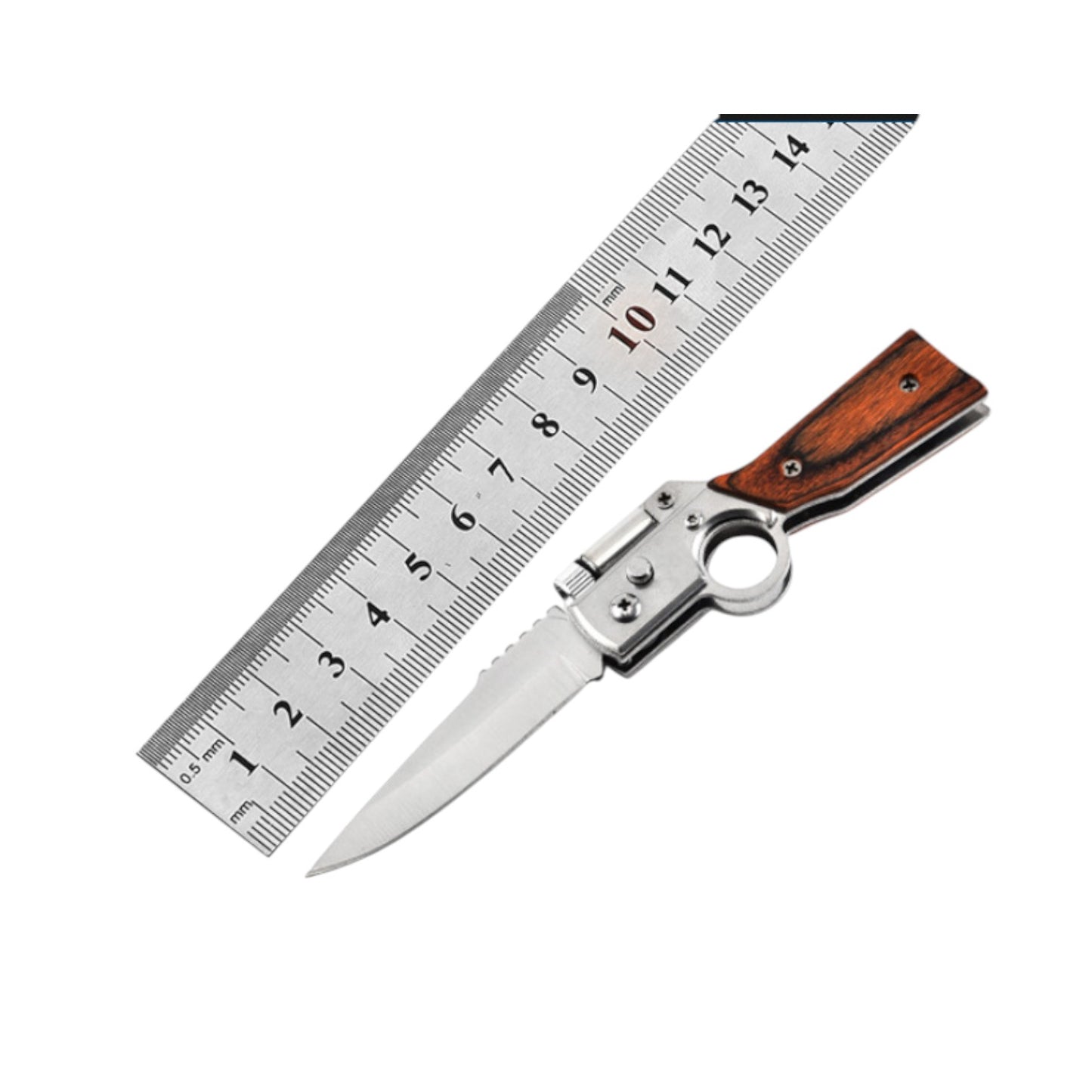 Folding knife with wooden handle and metal blade next to a ruler on a white background