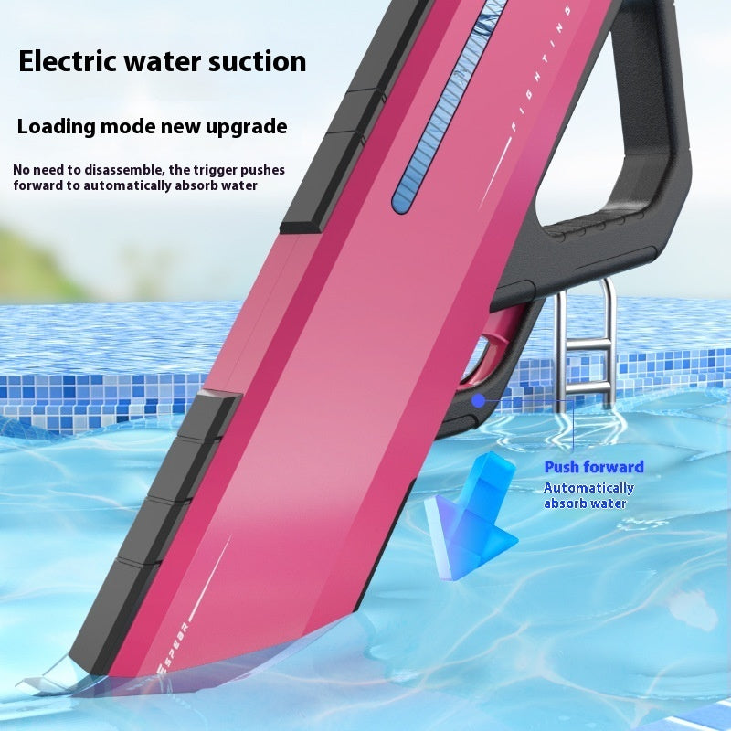 Pink pool vacuum cleaner with text on electric water suction and loading mode upgrade, set against a pool background.