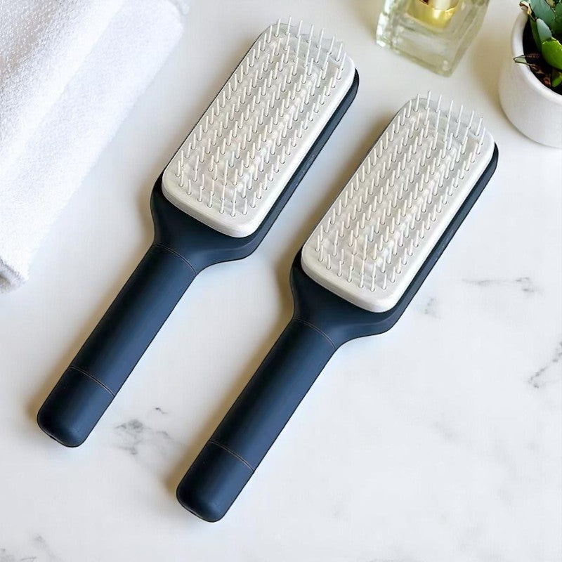 Two self-cleaning hair brushes in black and purple colors, with an additional inset showing the brush's bristles.