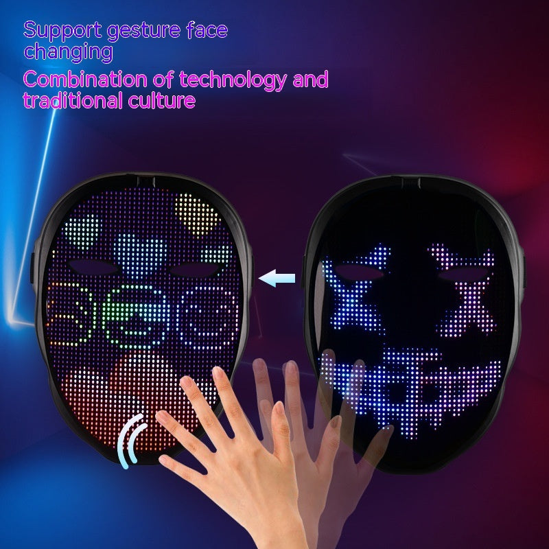 LED face mask with digital display and hand gestures on a dark background