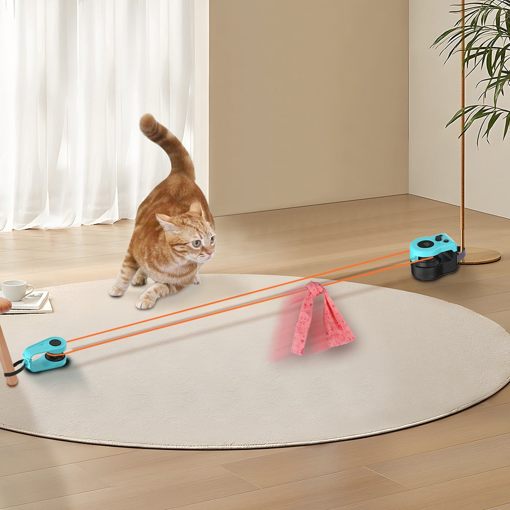Cat playing with a toy on a wooden floor in a home setting