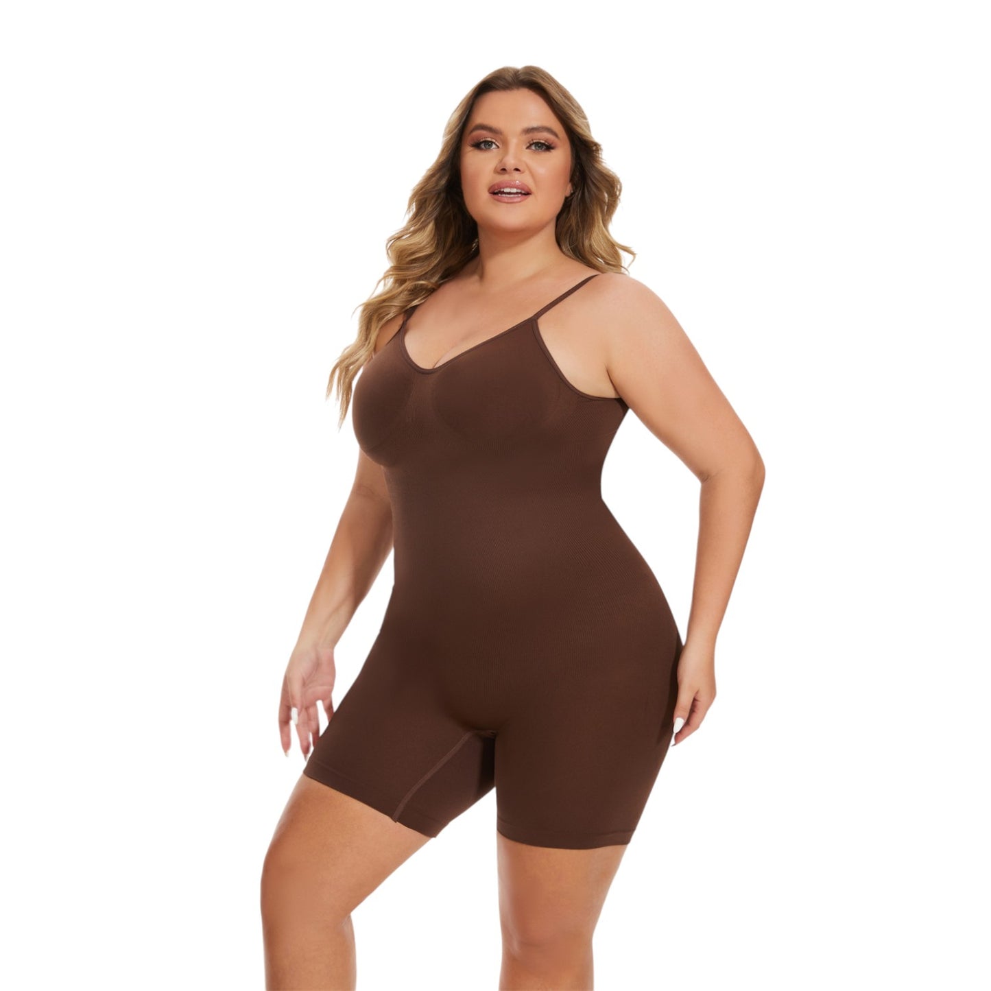 Woman wearing a brown bodysuit on a white background