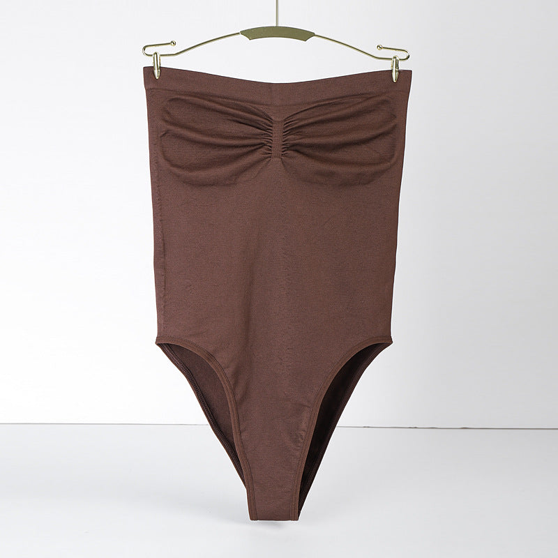 Brown swimsuit with a bow detail on a white background