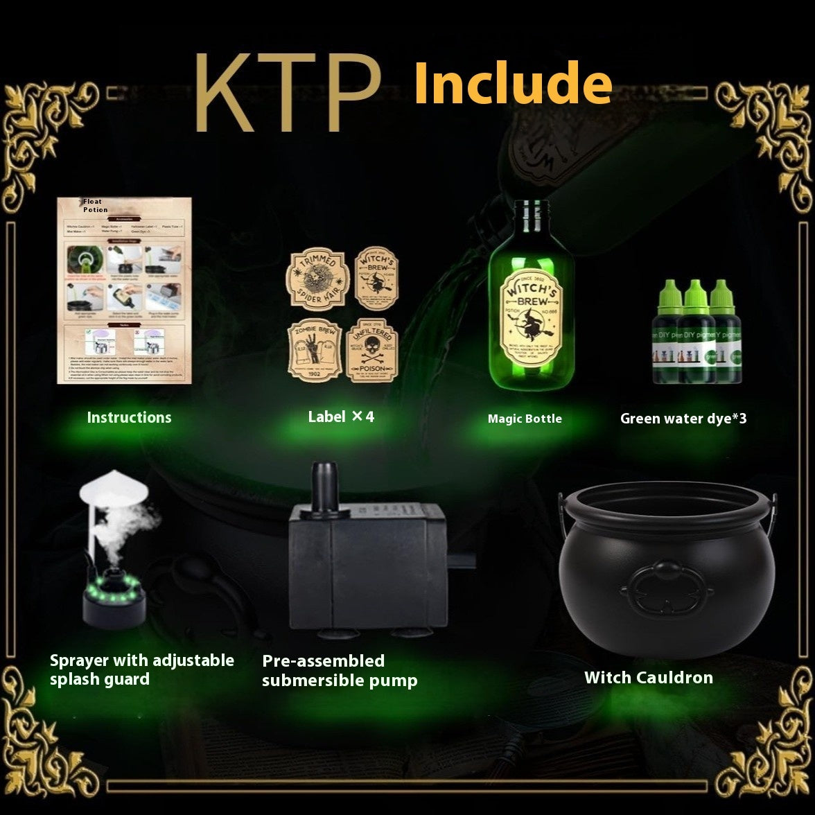 Set of Halloween-themed items including a bottle, cauldron, pump, and labels on a dark background with 'KTP Include' text.