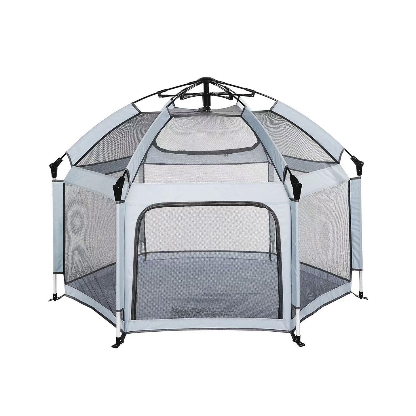 Pet playpen with mesh sides on a white background