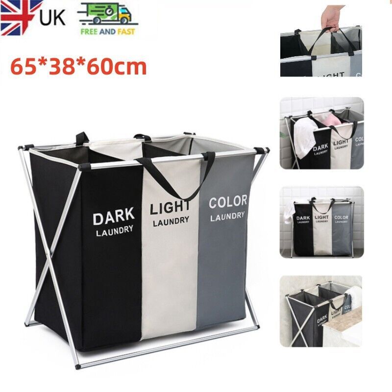 Three-section laundry basket with labels for dark, light, and color laundry, shown with dimensions and images of usage.