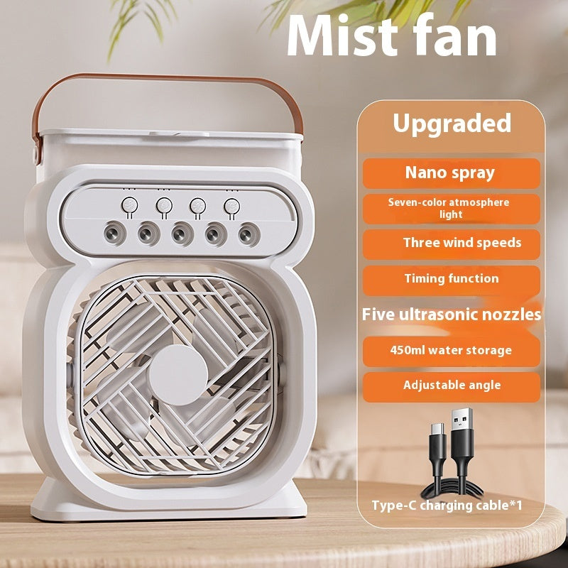 Mist fan with features listed on an orange panel against a neutral background