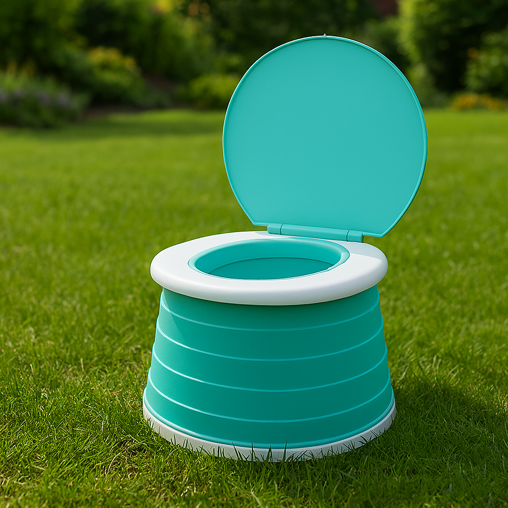 Teal and white portable toilet on grass