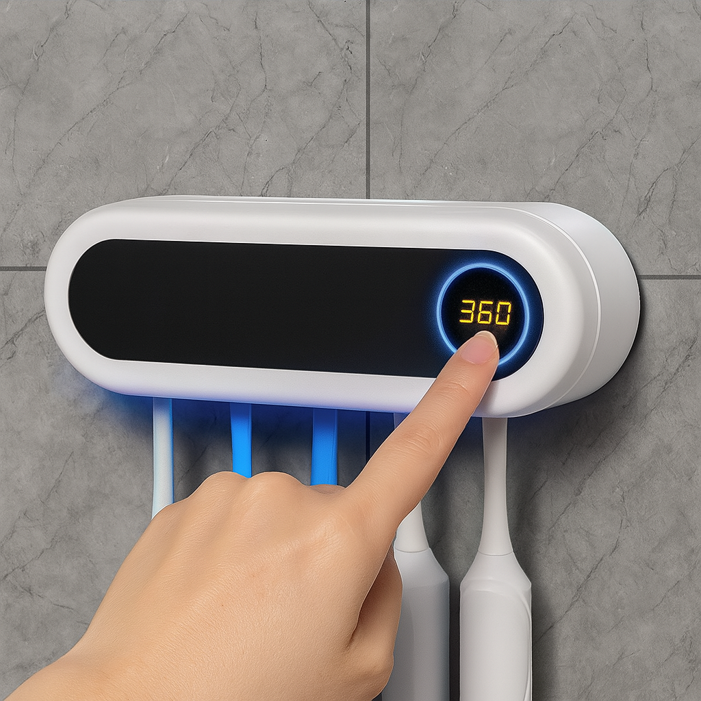 Hand pressing a digital display on a white electronic device against a gray tiled wall.