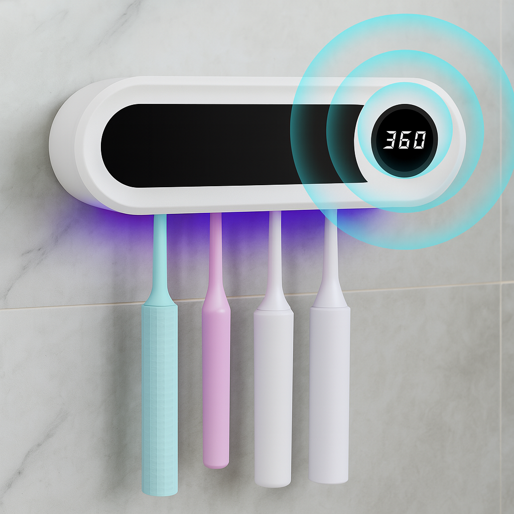 Wall-mounted toothbrush holder with four toothbrushes and a digital display on a tiled wall.