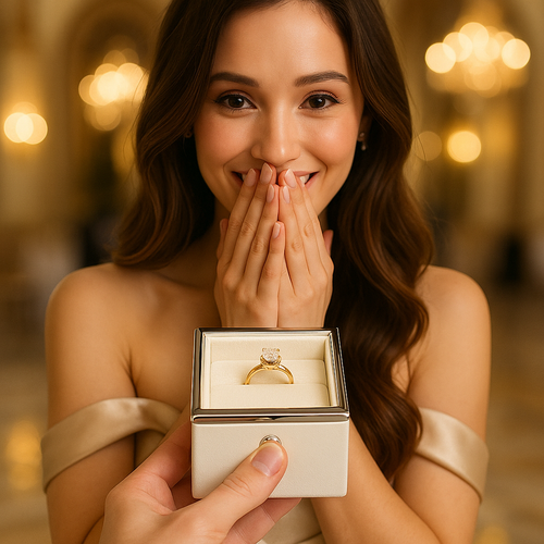 Woman reacting to a ring in a box held by another person with a warm, blurred background