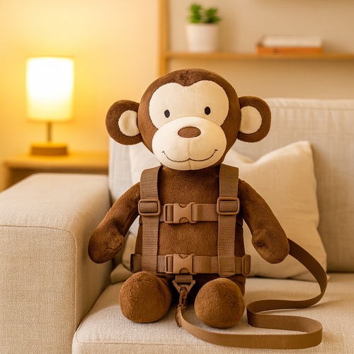 Stuffed monkey toy with a harness and leash on a couch in a cozy living room.