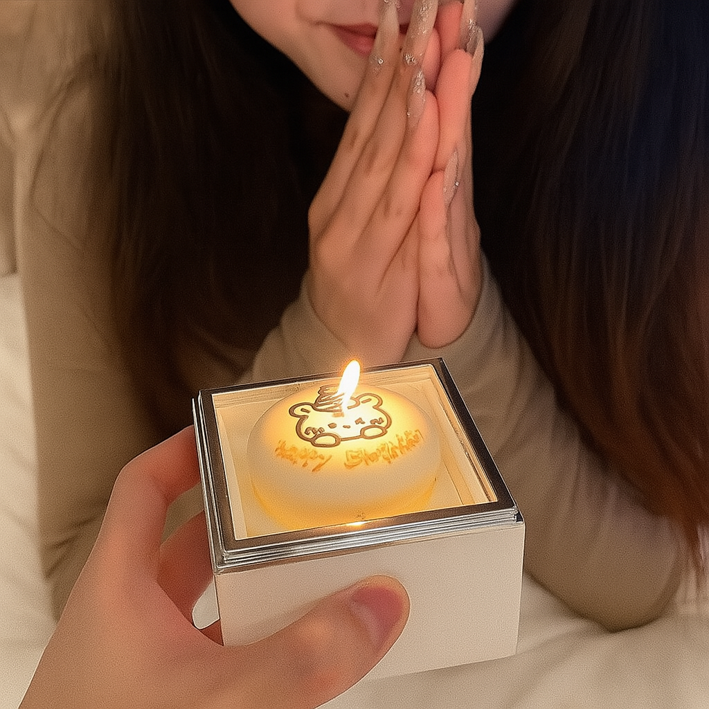 Person holding a small lit candle in a decorative holder with hands pressed together in a gesture of prayer.
