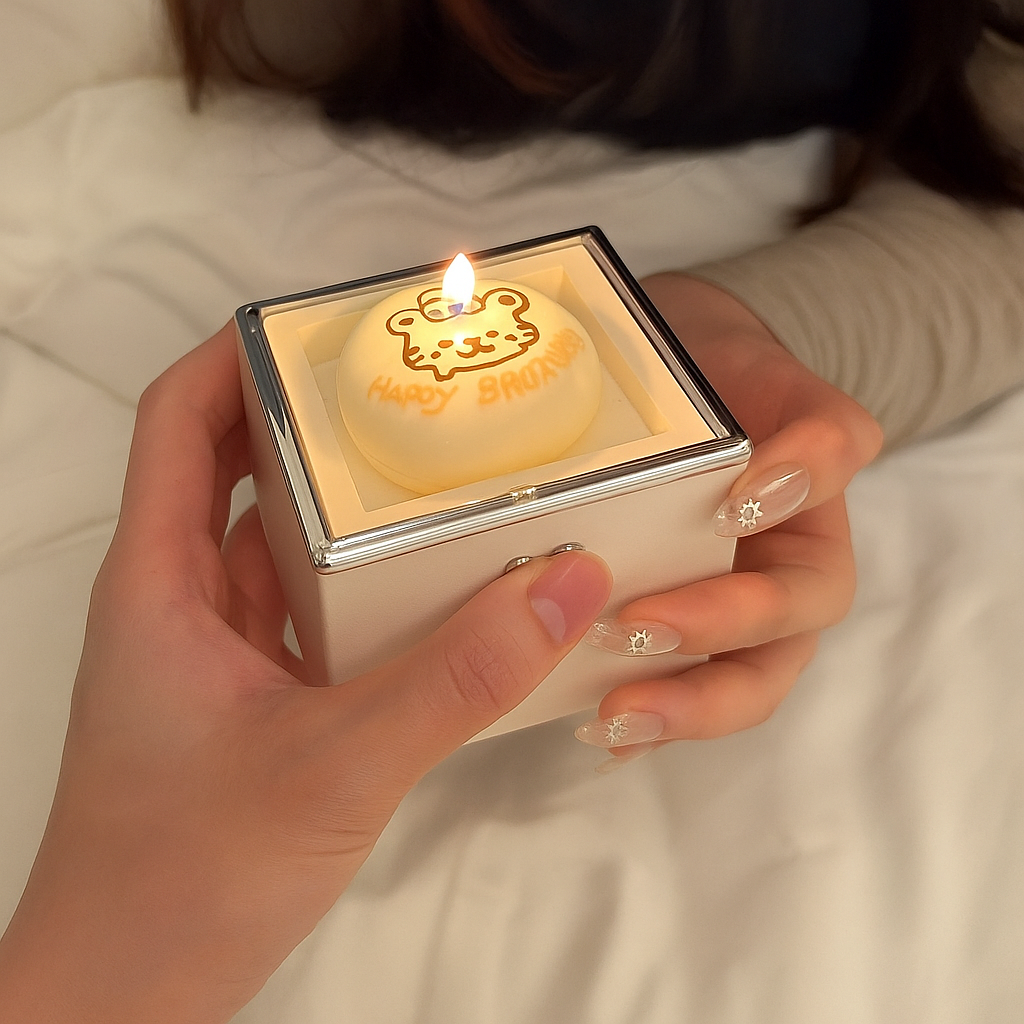 Person holding a small lit candle in a decorative box with 'Happy Birthday' text.