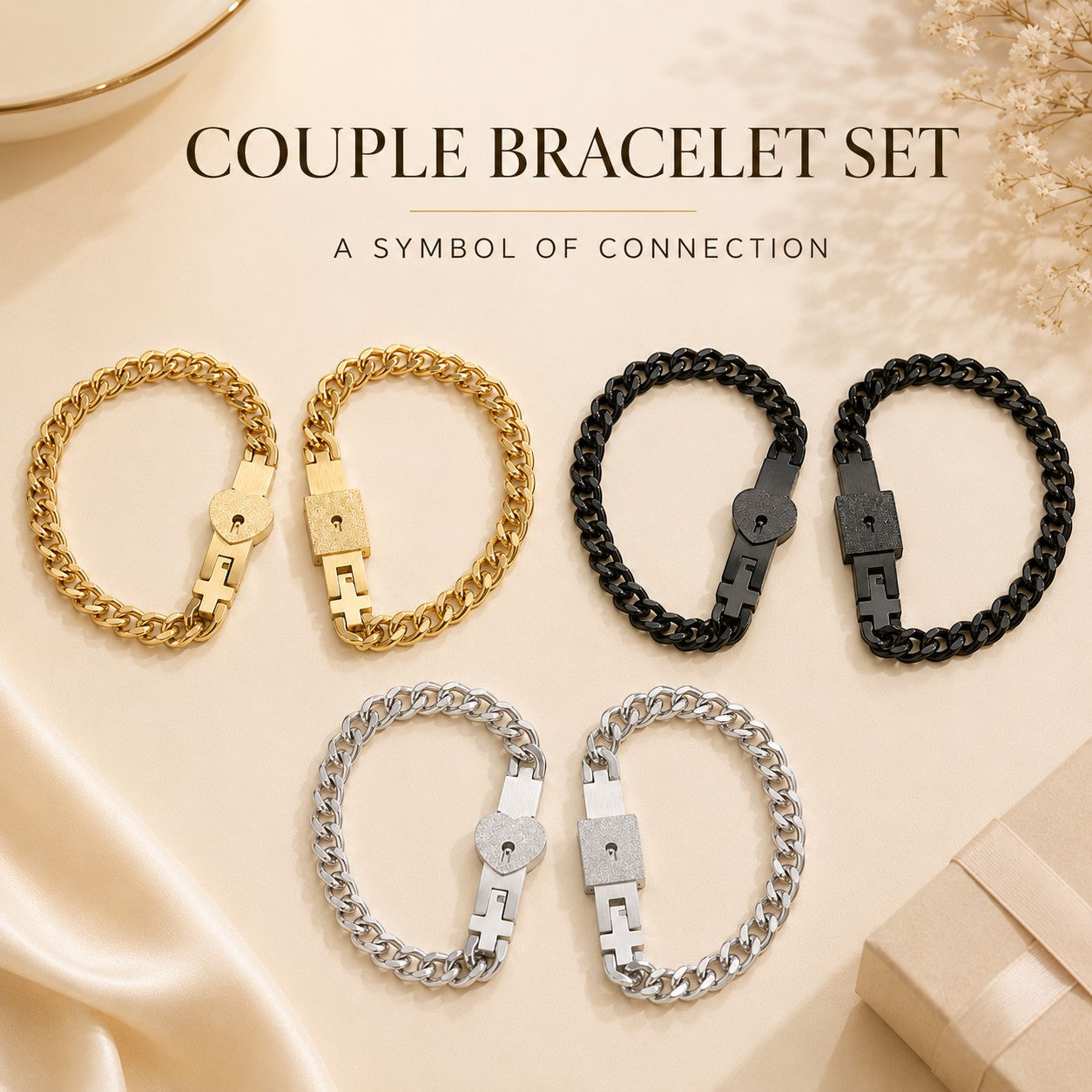 Couple bracelet set with gold, black, and silver options on a beige background.