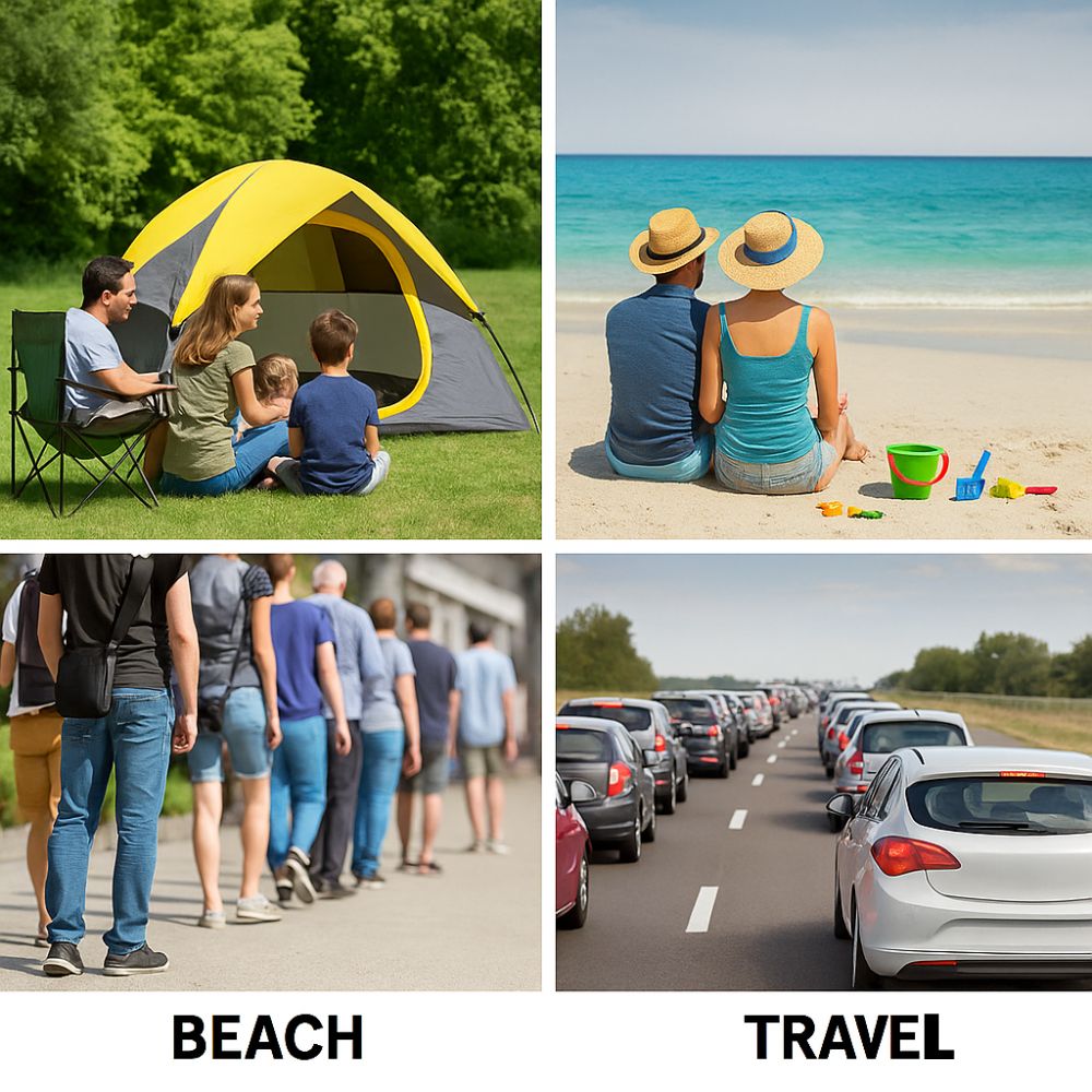 Collage of images showing family activities at a beach and on a road trip.