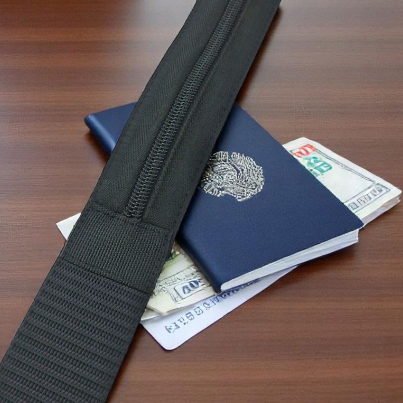 Black travel wallet with passport and money on a wooden table