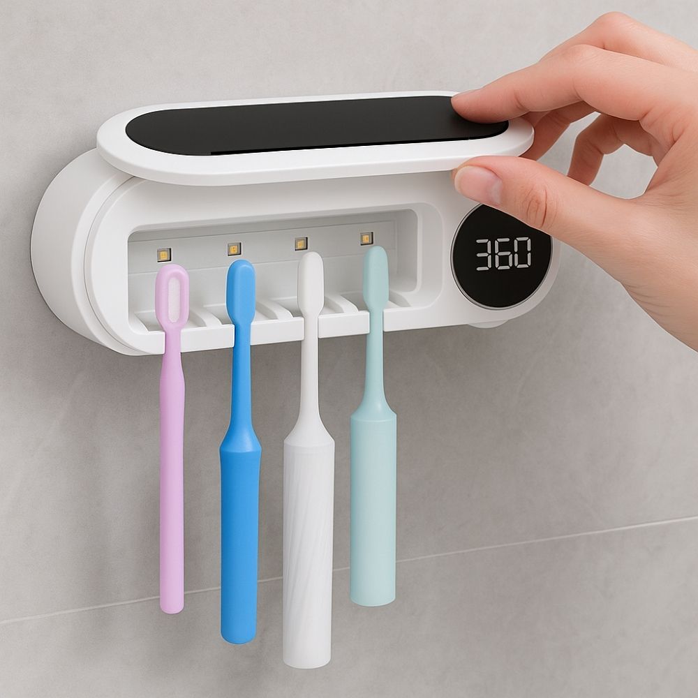 Handheld digital thermometer being used on a white wall-mounted toothbrush holder with colorful toothbrushes.