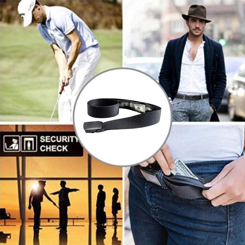 Black belt worn by a man on a golf course, in a city setting, and at a security checkpoint.