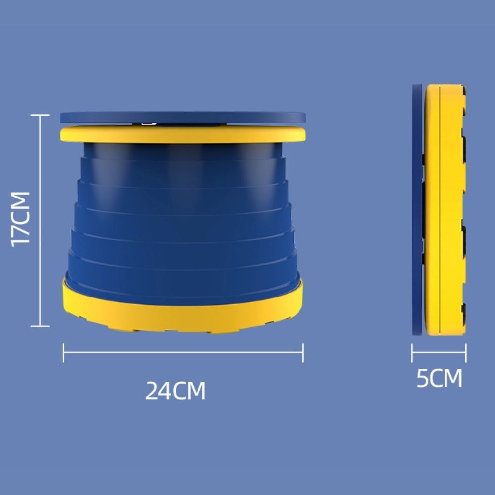 Blue and yellow step stool with dimensions on a blue background