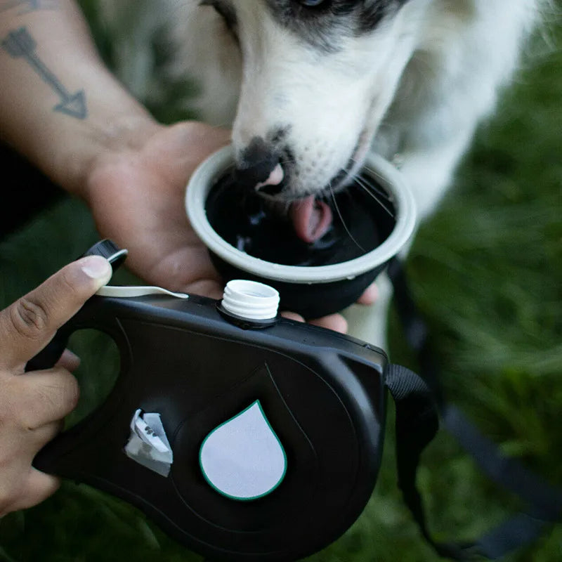 Person holding a portable water bottle for a dog to drink from outdoors.